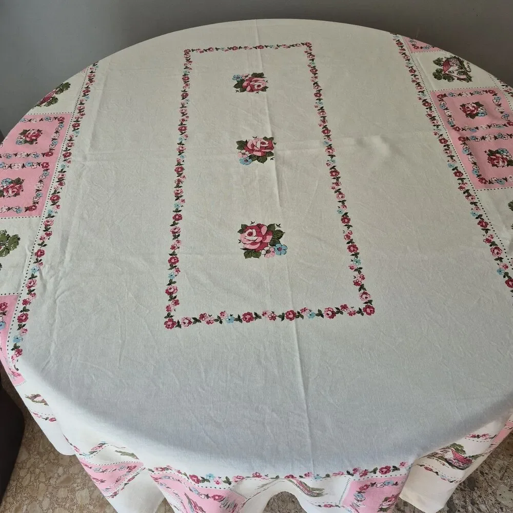 Vintage White Pink Cotton Floral Roses Cottagecore Square Tablecloth 54 x 76 IN